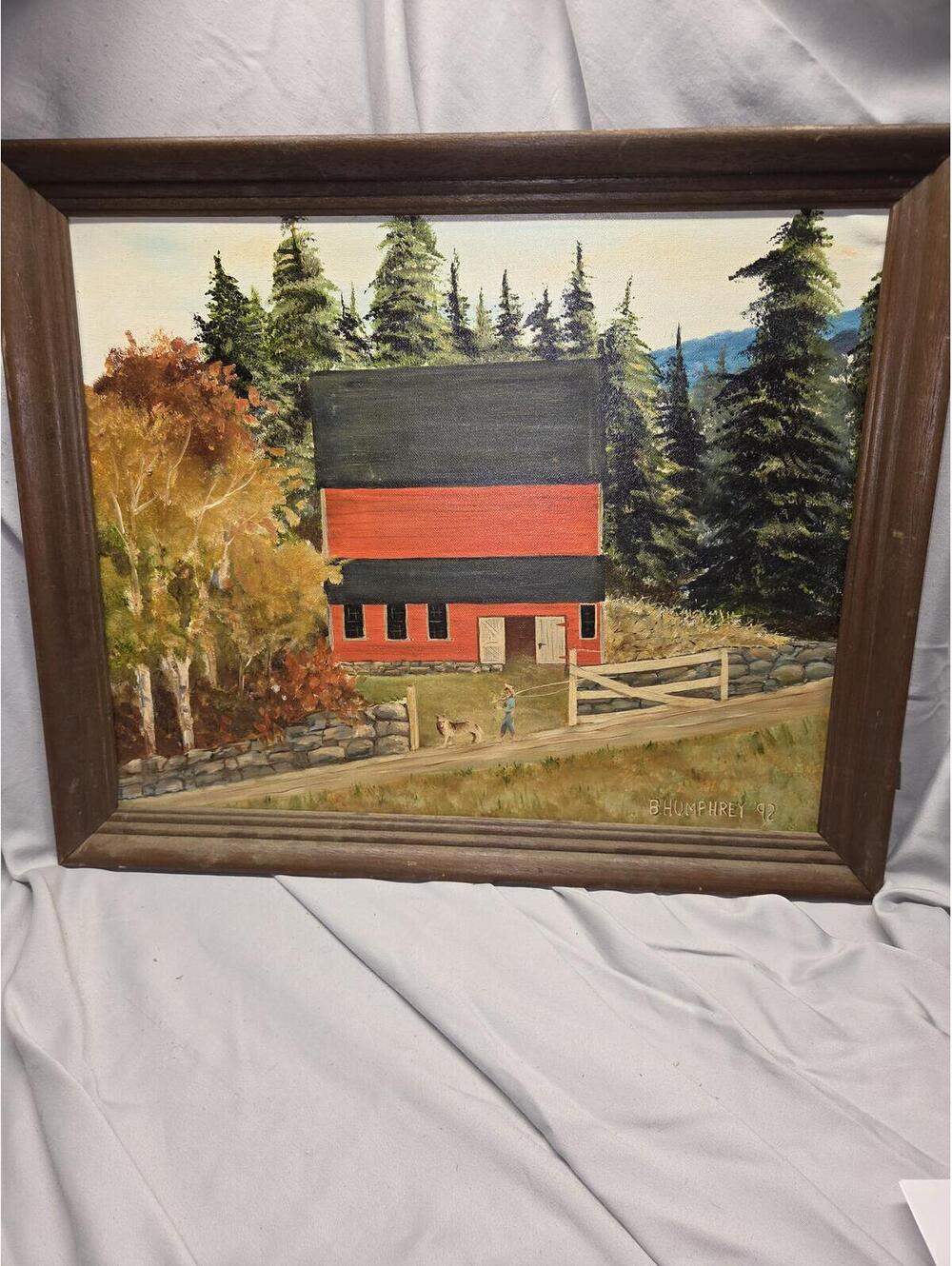 Bill Humphrey 1992 Framed Original Oil Painting Red Barn in Mountain Landscape